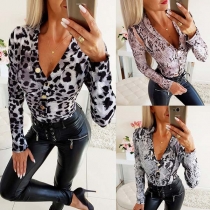 Sexy Deep V-neck Long Sleeve Leopard/Serpentine Printed Bodysuit