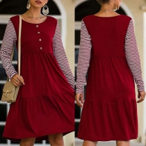 Fashion Striped Spliced Long Sleeve Round Neck High Waist Dress