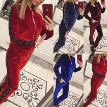 Fashion Printed Spliced Sweatshirt Coat + Pants Sports Suit