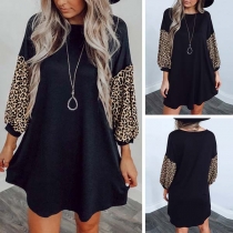 Fashion Leopard Spliced Long Sleeve Round Neck Loose Dress（It runs big, belt is not including.）