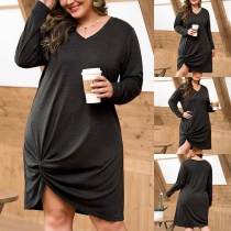 Fashion Solid Color Long Sleeve V-neck Twisted Hem Plus-size Dress