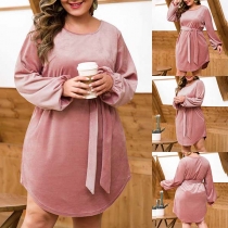 Fashion Solid Color Lantern Sleeve Round Neck High Waist Dress