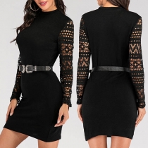 Sexy Hollow Out Lace Spliced Long Sleeve Slim Fit Knit Dress