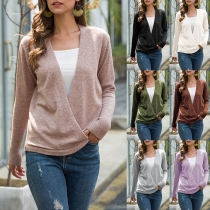 Fashion Solid Color Long Sleeve V-neck Knit Top