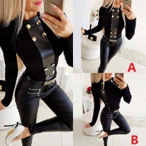 Fashion PU Leather Spliced Long Sleeve Round Neck Slim Fit Button Top