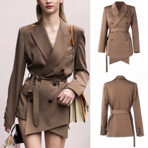 Slim Long Sleeve Irregular hemline Double-breasted Blazer Suit Jacket (with Belt)