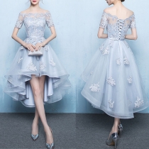 Front Short Back Long Off-shoulders Embroidered Lace Spliced Irregular High-low Hemline Party Dress