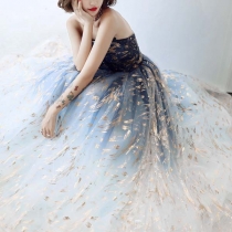 Embroidered Slim Off Shoulder Long Strapless Party Dress