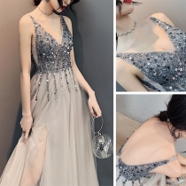 Sexy V-neck Beaded Sequin Evening Dress Long Party Dress