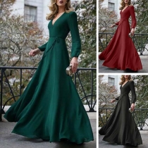 Sexy Deep V-neck Long Sleeve High Waist Solid Color Maxi Dress