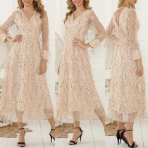 Sexy Backless V-neck Long SleeveSequin Spliced Tassel Dress