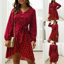 Fashion Lantern Sleeve V-neck High-low Hem Dots Printed Dress