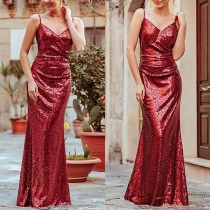 Sexy Backless Deep V-neck Sling Sequin Dress