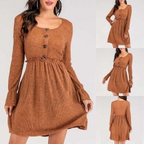 Fashion Long Sleeve Round Neck Ruffle High Waist Knit Dress