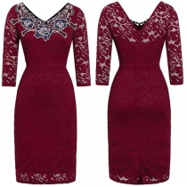 Sexy Backless 3/4 Sleeve Slim Fit Lace Dress