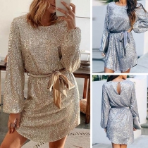 Fashion Lantern Sleeve Round Neck Slim Fit Sequin Dress