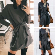 Fashion Solid Color Long Sleeve Round Neck Lace-up Dress