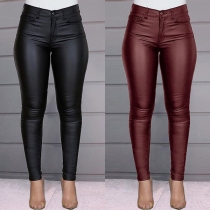 Mode Enfärgad hög midja Slim Fit PU läderbyxor
