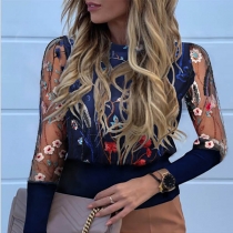Sexy Gauze Spliced Long Sleeve Round Neck Embroidered Top(It runs small)