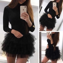 Sexigt gasväv med skarvad fåll - Långärmad, Slim Fit Miniklänning (Den är liten)
