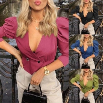 OL Style Long Sleeve V-neck Solid Color Short-style Blazer