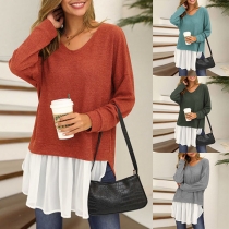 Fashion Irregular Hem Spliced Long Sleeve V-neck Knit Top