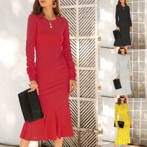 Elegant Solid Color Long Sleeve Round Neck Ruffle Hem Slim Fit Dress