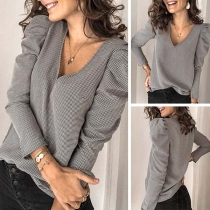 Fashion Puff Sleeve V-neck Plaid Top