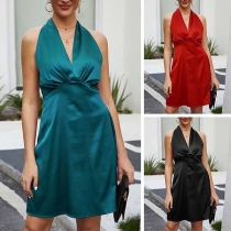 Sexy Backless Deep V-neck Solid Color Halter Party Dress