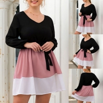 Fashion Contrast Color Long Sleeve Lace-uo High Waist Dress