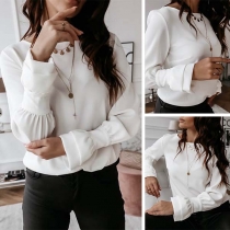 OL Style Trumpet Sleeve Round Neck Solid Color Blouse