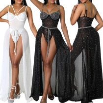 Sexy Backless V-neck Lace Spliced Sling Bodysuit + Slit Hem Skirt Two-piece Set
