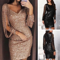 Sexy Tassel Long Sleeve V-neck Slim Fit Sequin Dress