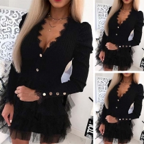 Sexy Lace Spliced V-neck Long Sleeve Gauze Hem Slim Fit Mini Short Dress