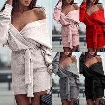 Sexy Off-shoulder V-neck Long Sleeve Solid Color Lace-up Dress