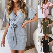 Sexy V-neck Short Sleeve Solid Color Slim Fit Dress