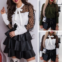 Sexy Dots Gauze Spliced Long Sleeve Lace-up Bow-knot Collar Blouse