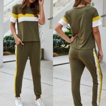 Fashion Contrast Color Short Sleeve T-shirt + Pants Two-piece Set