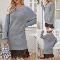 Fashion Long Sleeve Round Neck Lace Spliced Hem Sweater Dress