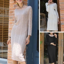 Fashion Solid Color Long Sleeve Boat Neck Slim Fit Sweater Dress