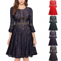 Fashion 3/4 Trumpet Sleeve Round Neck High Waist Lace Dress