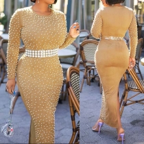 Sexy Slit Hem Long Sleeve Round Neck High Waist Pearl Dress