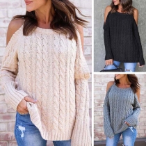 Sexig off-shoulder tröja med långa ärmar och rund hals i enfärgat
