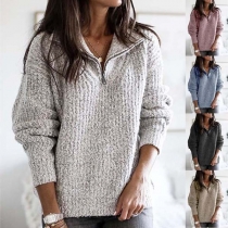 Fashion Solid Color Long Sleeve Stand Collar Knit Top