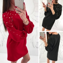 Fashion Solid Color Long Sleeve Round Neck Beaded Dress