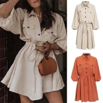 Fashion Solid Color Lantern Sleeve POLO Collar Shirt Dress