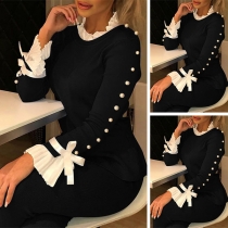 Fashion Contrast Color Long Sleeve Top + Pants Two-piece Set