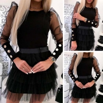 Sexy See-through Gauze Spliced Long Sleeve Round Neck Dress
