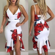 Sexy Backless V-neck Slit Ruffle Hem Sling Printed Dress