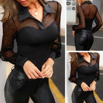 Sexig bling-bling genomskinlig gasväv skarvad långärmad V-ringad slim fit topp